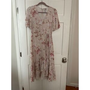 NWOT Ever New puff sleeve, floral faux wrap ruffled midi dress, size 6